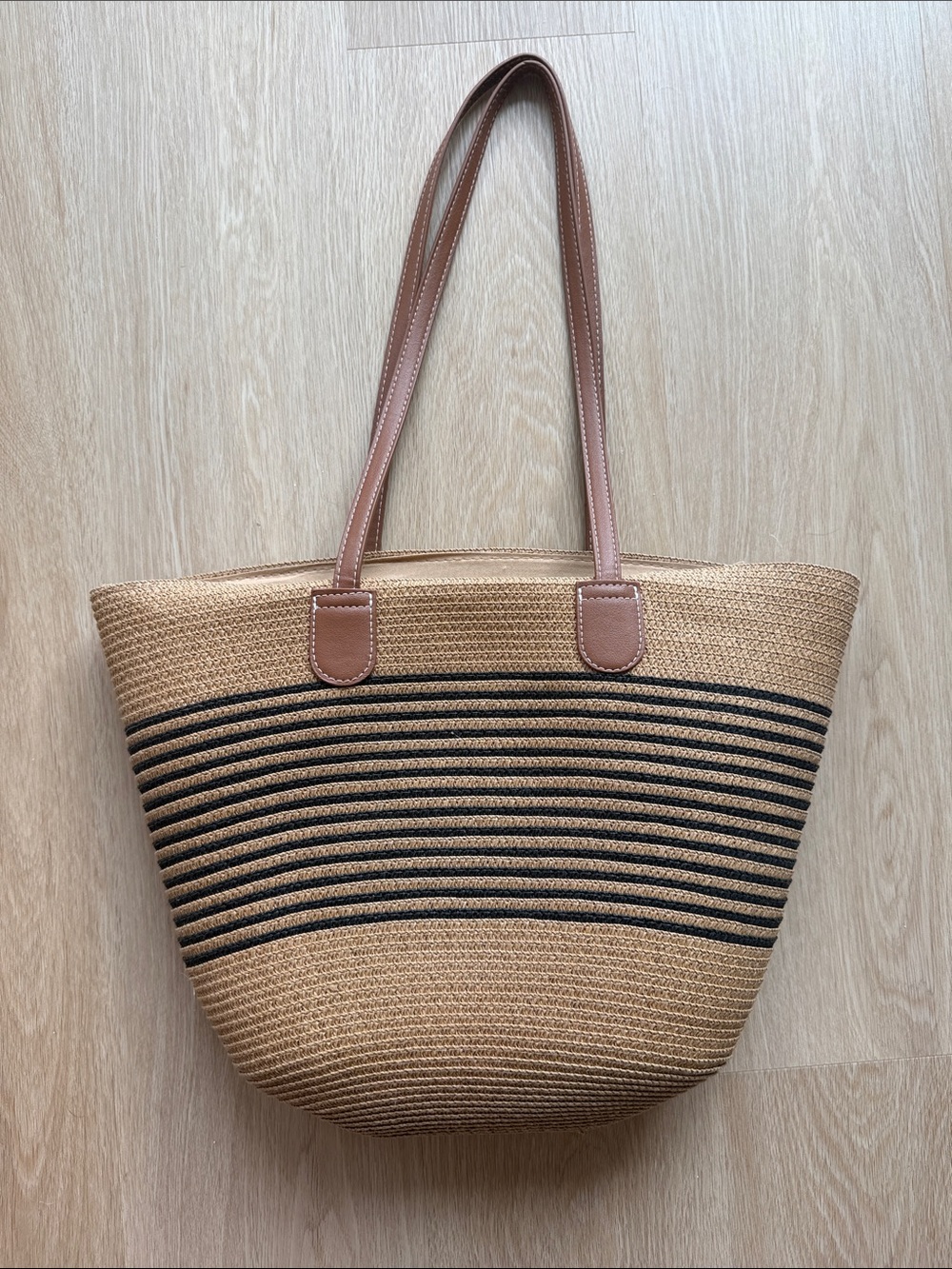 Classic Straw Tote Bag with Black Stripe accents